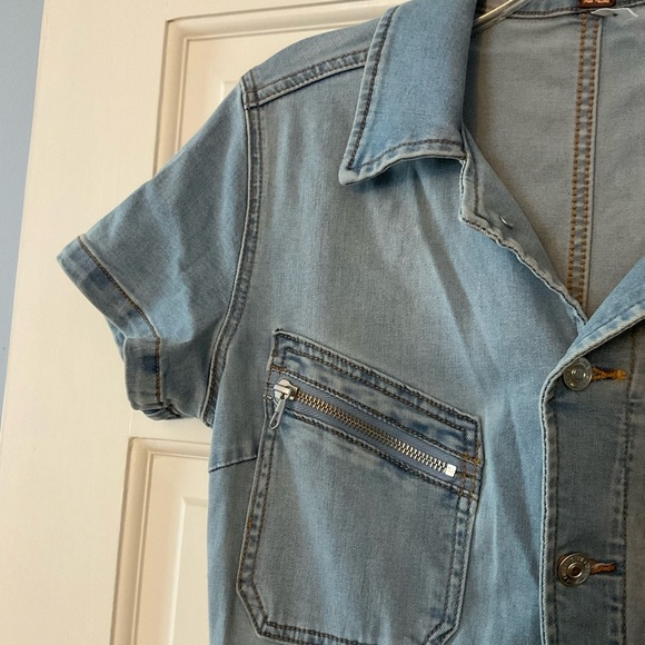 Free People Hearts Beat Stretch Denim Jumpsuit Coverall Sunbath Blue Size S NWT - Picture 4 of 13